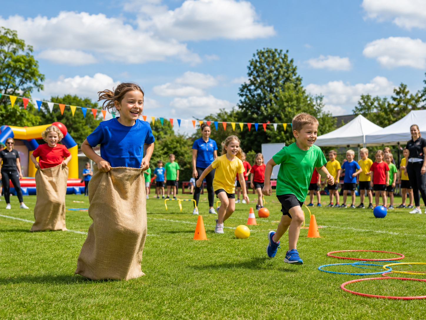 Sportdag op school met spelmateriaal, tenten, springkussen en traktaties